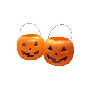 Halloween Jack O Lantern Blow Mold Pumpkin Candy Pail Bucket Orange Set Of 2/ 8”